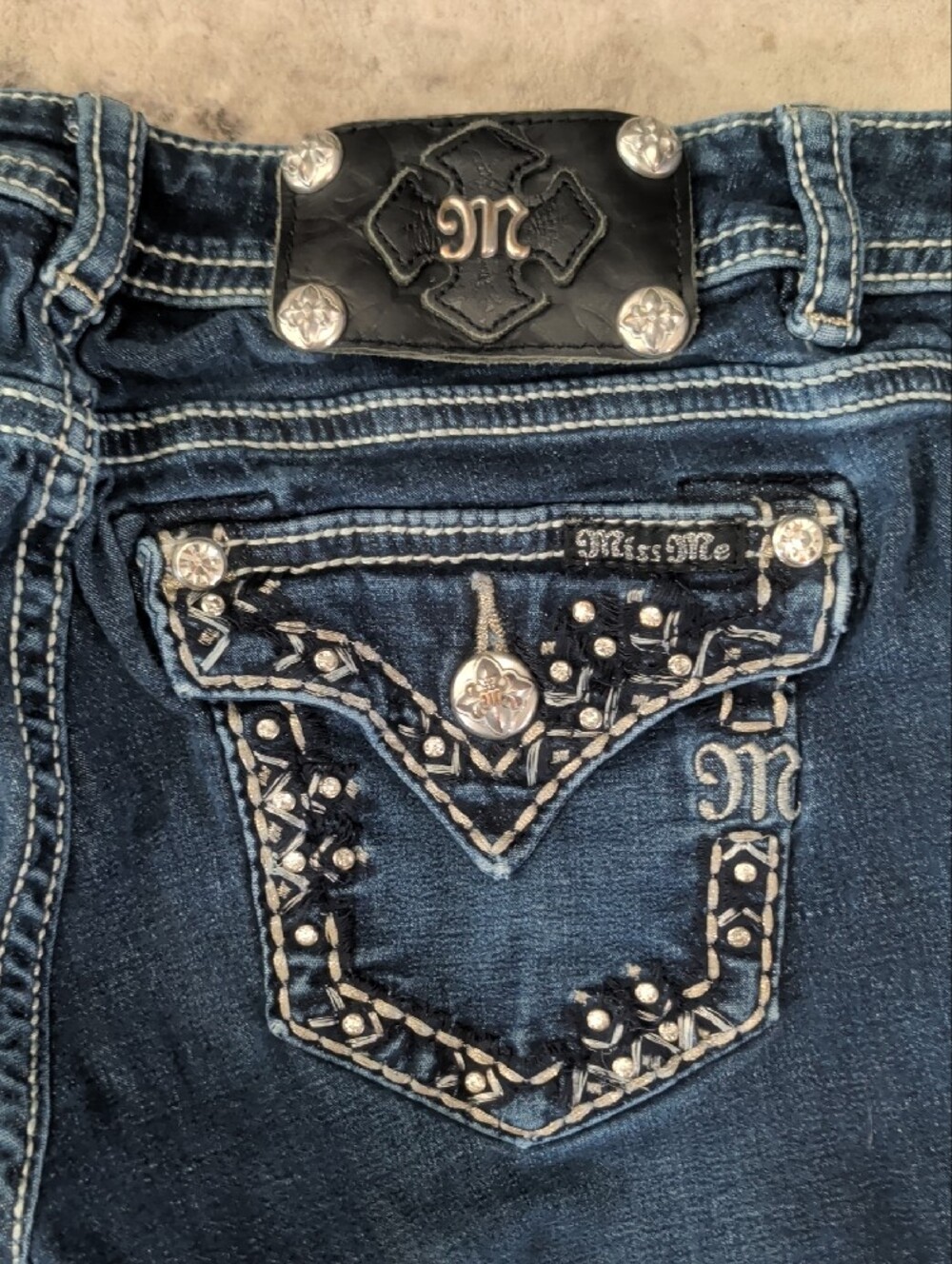 Miss Me Dark Blue Skinny Jeans with Contrast Stitching - Picture 3 of 6